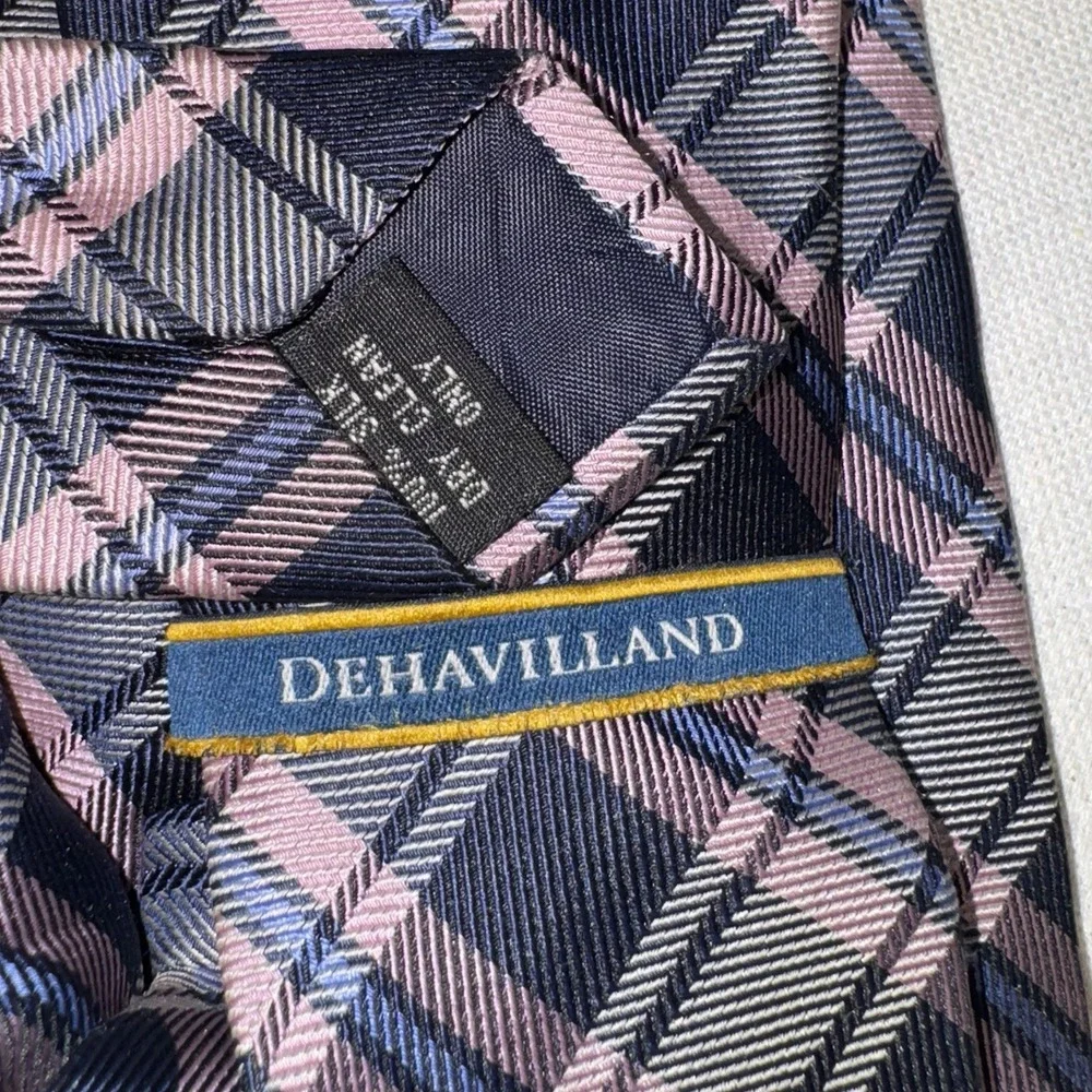 Dehavilland Plaid Tie Mens OS Navy Pink Silk Classic Business Preppy Dapper